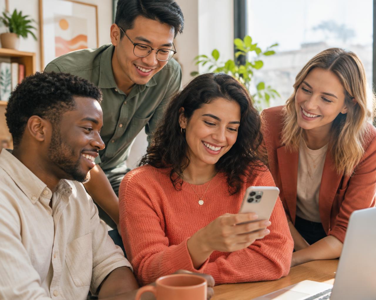 Colaboradores sorrindo enquanto consultam o app no celular